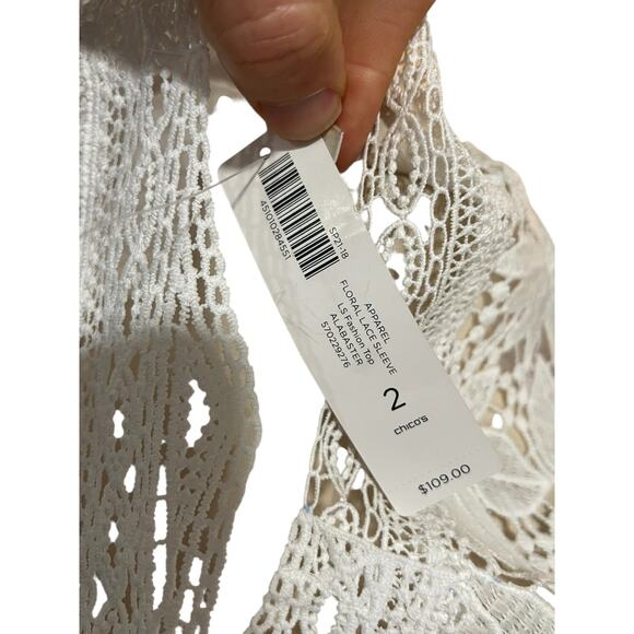 Chicos NWT Size 2 Womens Large Alabaster Floral Lace Sleeve Blouse MSRP $109 - Picture 7 of 7
